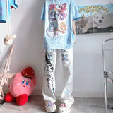 Lilideco Y2K Anime Print White Pants Women Harajuku Manga Subculture Wide Leg Trousers Japanese Style Kawaii Cartoon Sweatpants