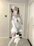 Lilideco Sweet Cute Rabbit Ear Hooded Lace Long Sleve Sweatshirts Jacket+ Y2k High Waist White Cake Skirts Fashion New Two Piece Sets