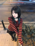 Lilideco Red Striped Pullovers Gothic Y2k Clothes Emo Girls Long Sleeve Asymmetrical Harajuku Slim Kawaii Retro Pull Femme Sweaters Chic