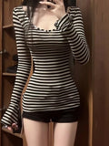 Lilideco American Striped Slim Fit Long Sleeved Tee Shirt 2024 Autumn New Bottoming Tops Mujer Y2k Mid-length T-shirt for Women