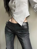 Lilideco American Street Low-waisted Flare Pants Black Gray Gradient Denim Trousers Y2k Vintage Washed Straight Wide Leg