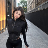 Lilideco Sexy Skinny Stand Collar Irregular T-shirts 2024 Spring New Long Sleeve Black Tee Shirt Y2k E-Girl Crop Top Slim Fit Tops Women