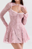 Lilideco Spring Outfits Homecoming Dress  A-Line Mini Dress with O-Neck, High Waist, Long Sleeves, and Lace-Up Detail