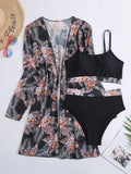 Lilideco 2024 New 3 Pieces Set High Waist Bikini Women Swimsuit&Kimono Bandeau Swimwear Sexy Cover Ups Floral Beachwear Bathing Suit