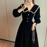 Lilideco Sweet Vintage Black Peter Pan Collar Dresses Autumn New Slim Waist Dress for Women Y2k E-Girl Long Sleeve Vestidos Mujer