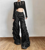 Lilideco Y2K Vintage Folds Wide Leg Trousers Women Diablo Style High Waist Drawstring Full Pants Unisex Bf Baggy Casual