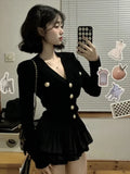 Lilideco Korean Fashion V-nck Long Sleeve Black Knitted Cardigan+ Y2k E-Girl High Waist Ruched Short Skirts 2024 New Two Piece Sets