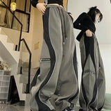 Lilideco Y2K Line Design Pant Women Drawstring Pockets Wide Leg Chic Punk Pants Baggy Striped Sports Sweatpants Parachute Jogger Trousers