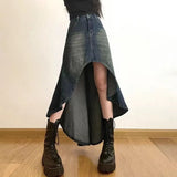 Lilideco Washed Vintage Blue Denim Faldas Mujer Y2k Grunge Irregular Mid-length Loose Skirts Summer New High Waist Skirt for Women