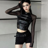 Lilideco Harajuku Sexy Crop Top Black Leather T-shirts 2024 Autumn New Slim Fit Tee Shirt Y2k E-Girl Long Sleeve Mesh Tops Women