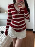 Lilideco Sweet Striped V-neck Fried Dough Twists Sweaters Mujer+ Lace Up Vest for Women+ High Waist  Ruched Skirts Three Piece Sets