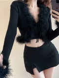 Lilideco Black Sexy Furry V-neck Knitted Tops Mujer 2025 Autumn Winter New Cardigan Coat Women Y2k Slim Fit Long Sleeve Sweaters