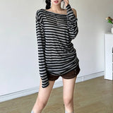 Lilideco 2025 Autumn New T-shirt for Women Sexy Skew Collar Off Shoulder Tees Y2k Grunge Long Sleeve Loose Striped Tops Mujer