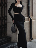 Lilideco Elegant Slit Midi Skirts Women Streetwear High Waist Suit Skirt Office Lady Korean Fashion Grey Black Slim Pencil