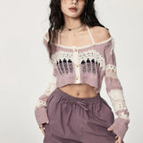 Lilideco New Loose Blusas Mujer Sexy Off Shoulder Long Sleeve Tops Women Vintage Striped Hollow Out Knitted T-shirts Cropped Cardigan