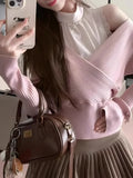 Lilideco Fake Two Piece Pink Sweet Knitted Tops Women 2025 Autumn New Slim Fit Pullovers Y2k Long Sleeve Patchwork Sweater Mujer