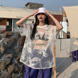 Lilideco Japanese O-neck Oversize Tee Shirt Summer Sexy See Through Mesh Lace T-shirt Y2k E-Girl Short Sleeve Bottoming Tops Women