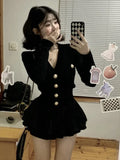 Lilideco Korean Fashion V-nck Long Sleeve Black Knitted Cardigan+ Y2k E-Girl High Waist Ruched Short Skirts 2024 New Two Piece Sets