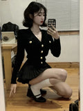 Lilideco Korean Fashion V-nck Long Sleeve Black Knitted Cardigan+ Y2k E-Girl High Waist Ruched Short Skirts 2024 New Two Piece Sets