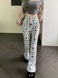 Lilideco Casual Wide Leg Pants American Vintage Cat Dog Overall Print Sweatpants Women Y2k Loose High Waist Summer Trousers Fashion