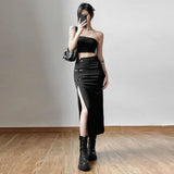 Lilideco New Chinese Style Retro Buckle Black Skirts Y2k Sexy Slim Fit Bodycon Split Skirt for Women Spring  Ruched Faldas Mujer