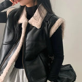 Lilideco Korean Chic Leather Vest Coat Women Autumn Winter New Lapel Neck Zipper Jackets Y2k E-Girl Slim Fit Sleeveless Tops Mujer