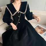 Lilideco Sweet Vintage Black Peter Pan Collar Dresses Autumn New Slim Waist Dress for Women Y2k E-Girl Long Sleeve Vestidos Mujer