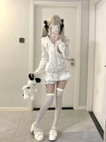 Lilideco Sweet Cute Rabbit Ear Hooded Lace Long Sleve Sweatshirts Jacket+ Y2k High Waist White Cake Skirts Fashion New Two Piece Sets