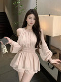 Lilideco Sweet Bubble Sleeve Two Piece Set Women Off Shoulder Blouse Hollow Out Elegant Shirts Loose High Waist Shorts Summer Suits