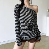 Lilideco 2025 Autumn New T-shirt for Women Sexy Skew Collar Off Shoulder Tees Y2k Grunge Long Sleeve Loose Striped Tops Mujer