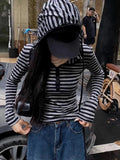 Lilideco Striped Hooded Long Sleeved T-shirt for Women 2024 Early Autumn New Knitted Tops Mujer Y2k Slim Fit  Sleeve Tee Shirt