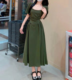 Lilideco  2024 Spring and Summer outfitSummer Elegant Party Casual Lady Long Dresses Retro Folds Puff Sleeves Fashionable Sexy Design Slimming Waist Green Dress