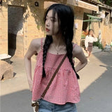 Lilideco Red Plaid Camisole Women Backless Hotsweet Bandage All-match Loose College Personality Chic Summer Korean Style Fashion Ulzzang