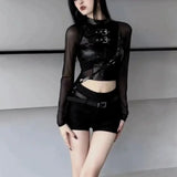 Lilideco Harajuku Sexy Crop Top Black Leather T-shirts 2024 Autumn New Slim Fit Tee Shirt Y2k E-Girl Long Sleeve Mesh Tops Women