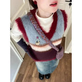 Lilideco Vintage Harajuku Striped Sweaters Vest 2025 Autumn New V-neck Slim Fit Knitted Vests Y2k Aesthetics Sleeveless Tops Women