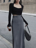 Lilideco Elegant Slit Midi Skirts Women Streetwear High Waist Suit Skirt Office Lady Korean Fashion Grey Black Slim Pencil