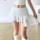 Lilideco Bohemian Lace Irregular White Skirts Sexy Low-waist Ribbon Skirt for Women 2025 Summer New All-match Ruched Faldas Mujer