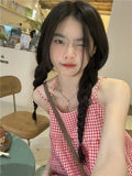 Lilideco Red Plaid Camisole Women Backless Hotsweet Bandage All-match Loose College Personality Chic Summer Korean Style Fashion Ulzzang