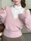 Lilideco Fake Two Piece Pink Sweet Knitted Tops Women 2025 Autumn New Slim Fit Pullovers Y2k Long Sleeve Patchwork Sweater Mujer