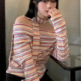 Lilideco American Retro Stripes Scarf Tops Mujer Y2k Sexy Off Shoulder T-shirt for Women 2024 Early Autumn New All-match Tee Shirt