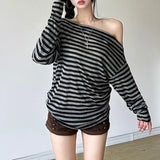 Lilideco 2025 Autumn New T-shirt for Women Sexy Skew Collar Off Shoulder Tees Y2k Grunge Long Sleeve Loose Striped Tops Mujer