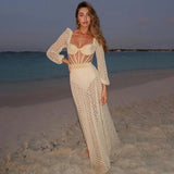 Lilideco 2023 New Retro Hollowed-Out Backless Sexy Swimsuit Long Sleeves Gather Luxury Solid Color Swimwear Knitted Beach Skirt Female