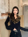 Lilideco American V-neck Leopard Print Fur Collar Cardigan Autumn Winter New Sweaters Coat Women Y2k Slim Fit Long Sleeve Tops Mujer