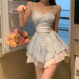 Lilideco Elegant Lace Patchwork Blue Strap Dresses Summer New Slim Fit Dress for Women Y2k E-Girl High Waist Ruched Vestidos Mujer