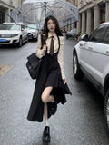 Lilideco 2024 Spring New Lapel Neck Shirts Women+ Vintage Lace Up Irregular Slim Waist Black Strap Dress Y2k E-Girl Two Piece Sets