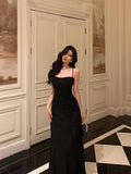 Lilideco French A line Spaghetti Straps Black Long Lace Prom Dresses Birthday Outfits Evening Gown SD789