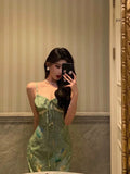 Lilideco Stunning Sheath Spaghetti Straps Green Satin Date Night Dress Prom Dresses Birthday Outfit SD797