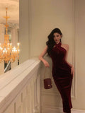 Lilideco Gorgeous Sheath Halter Burgundy Date Night Dress Velvet Prom Dresses Party Dress Birthday Outfits SD814