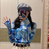 Lilideco Cyberpunk Ice Silk Sun Protection Mesh T-shirt for Women 2024 Summer New Blue Tie Dye Tee Shirt Y2k E-Girl Long Sleeve Tops