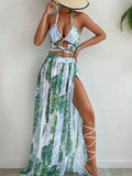 Lilideco 2024 Halter Criss Cross Bikini Tropical Print Swimsuit & Beach Dress 3 Piece Sexy Swimwear Women Bathing Suit Beachwear Summer